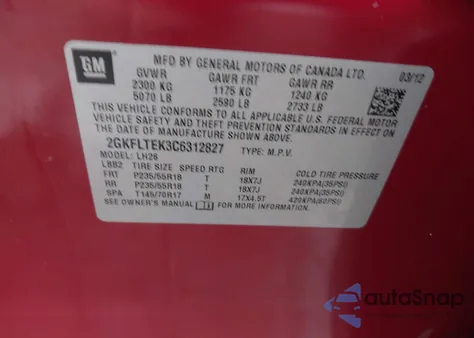 2012 GMC Terrain Sle-2 из США, поврежденный, VIN 2GKFLTEK3C6312827